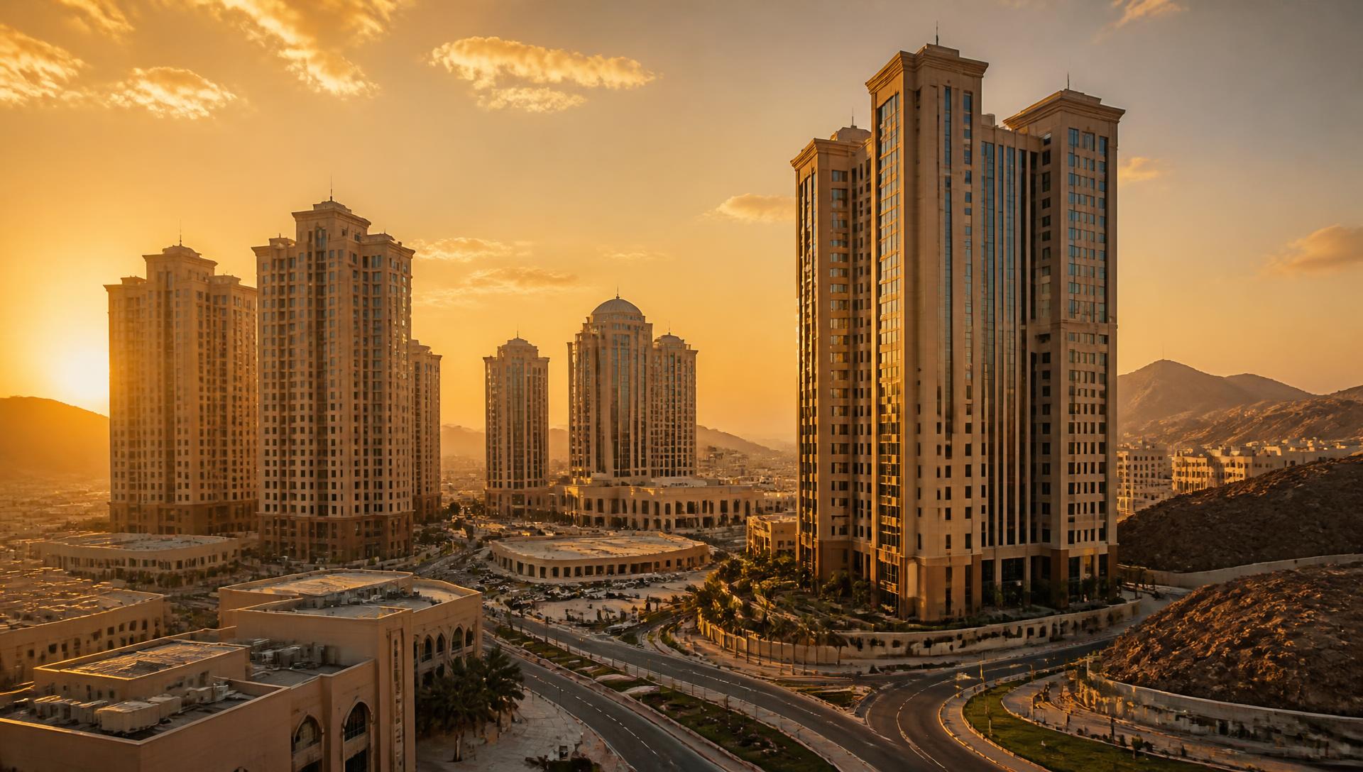 Modern residential and commercial towers in Makkah at golden hour